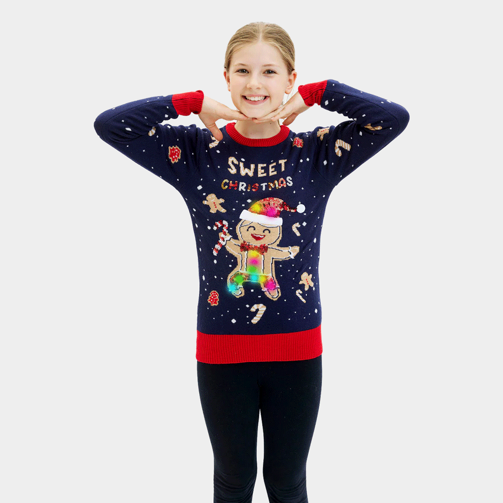 Maglione Natalizio Bambini con Luci LED Uomo Blu Ginger Cookie
