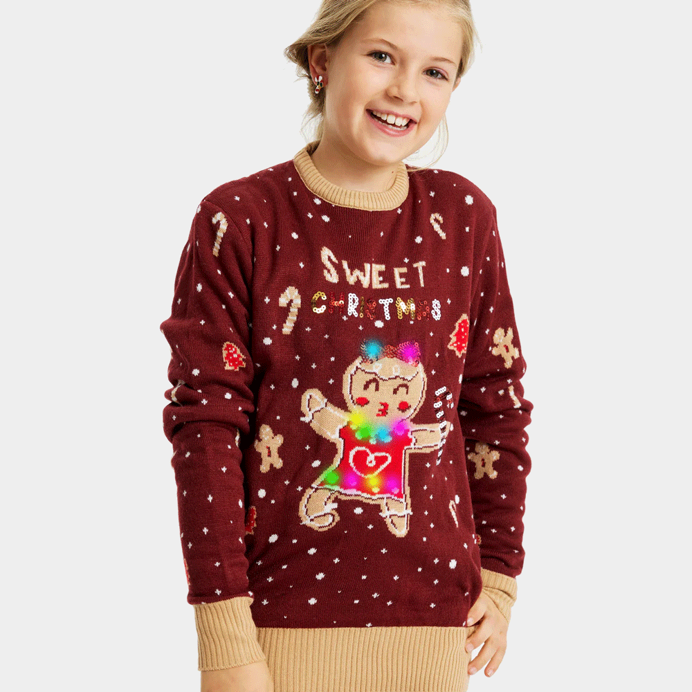 Maglione Natalizio Bambini Luci LED Rosso Ginger Cookie