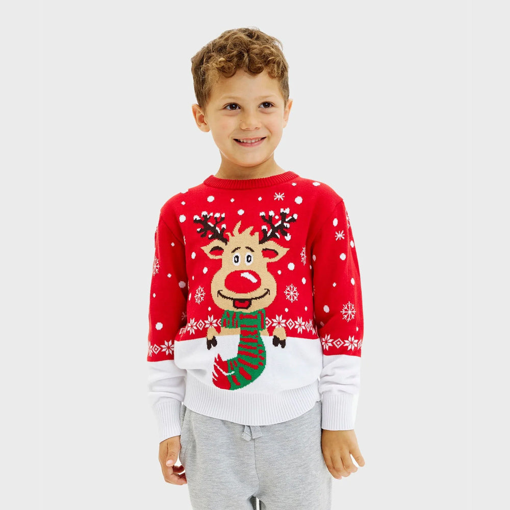 Maglione Natalizio Bambini in Cotone Biologico Renna Sciarpa