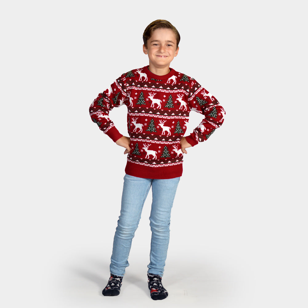 Maglione Natalizio per Bambini Rosso Alberi di Natale e Renne
