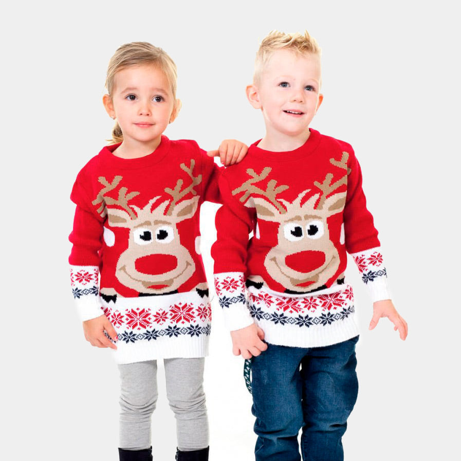 Maglione Natalizio per Bambini Rosso con Renna e Neve
