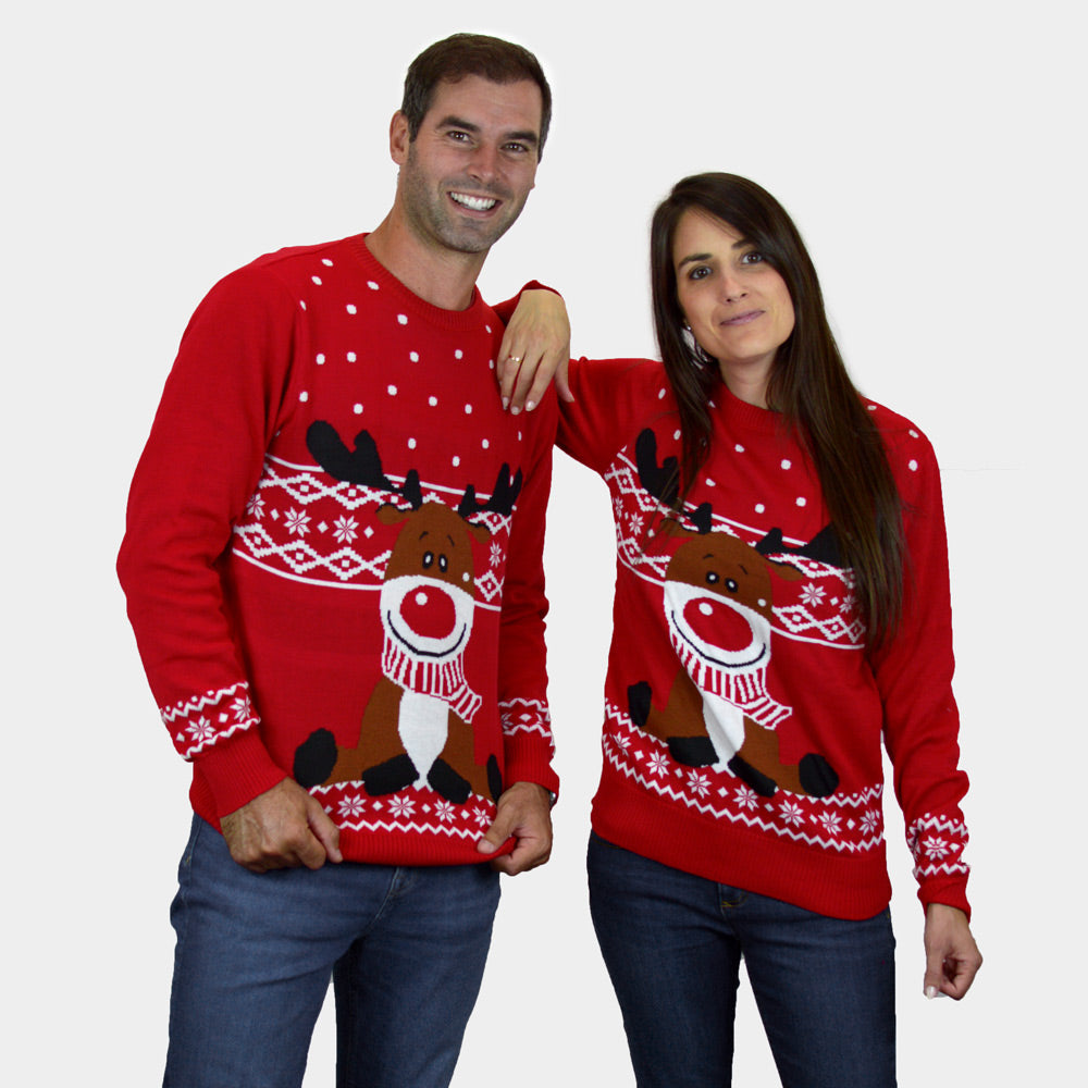 Maglione Natalizio Bambini uomo Donna Rosso Renna Rudolph Sciarpa
