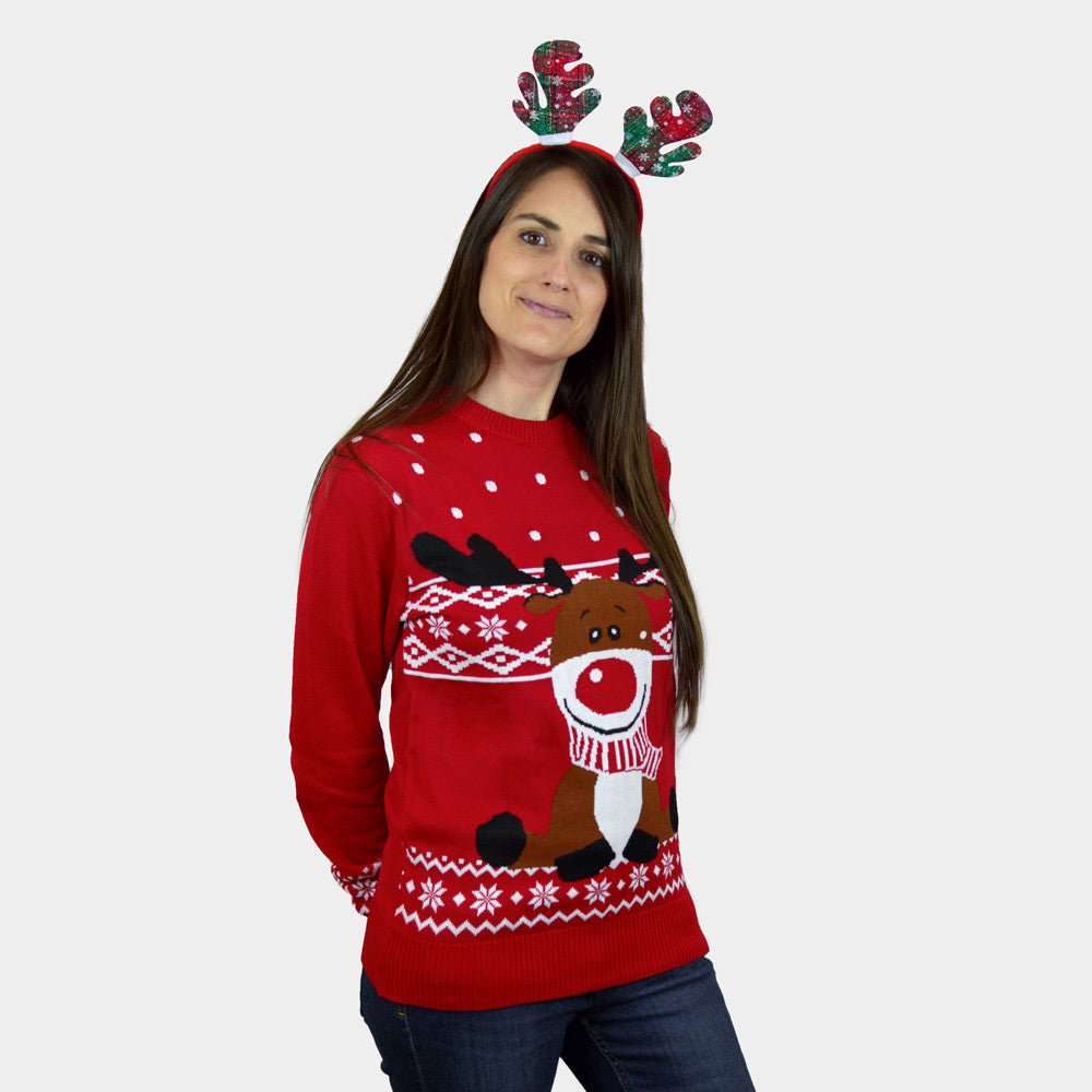 Maglione Natalizio Bambini Donna Rosso Renna Rudolph Sciarpa
