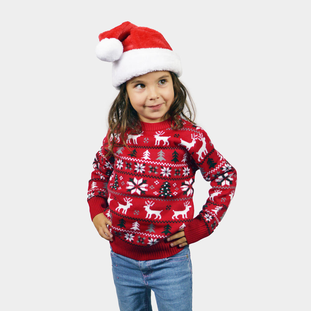 Maglione Natalizio per Bambini Rosso Renne, Alberi e Stelle Polari
