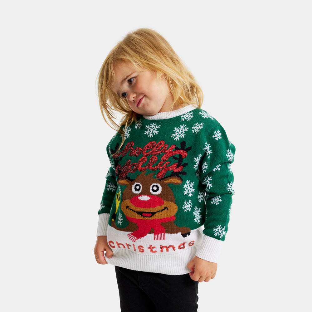 Maglione Natalizio Bambini Verde Holly Jolly con Paillettes