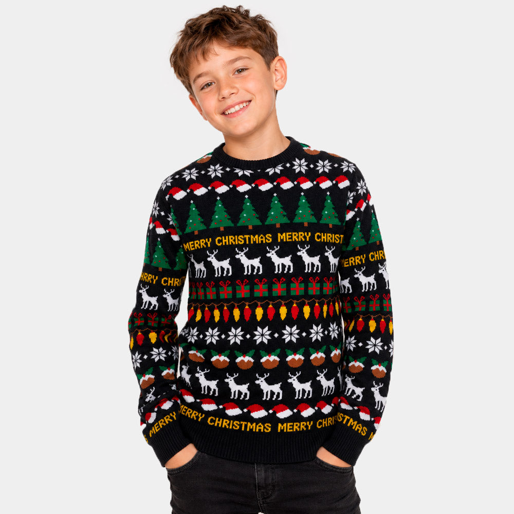 Maglione Natalizio per Bambino Nero con Alberi, Renne e Regali
