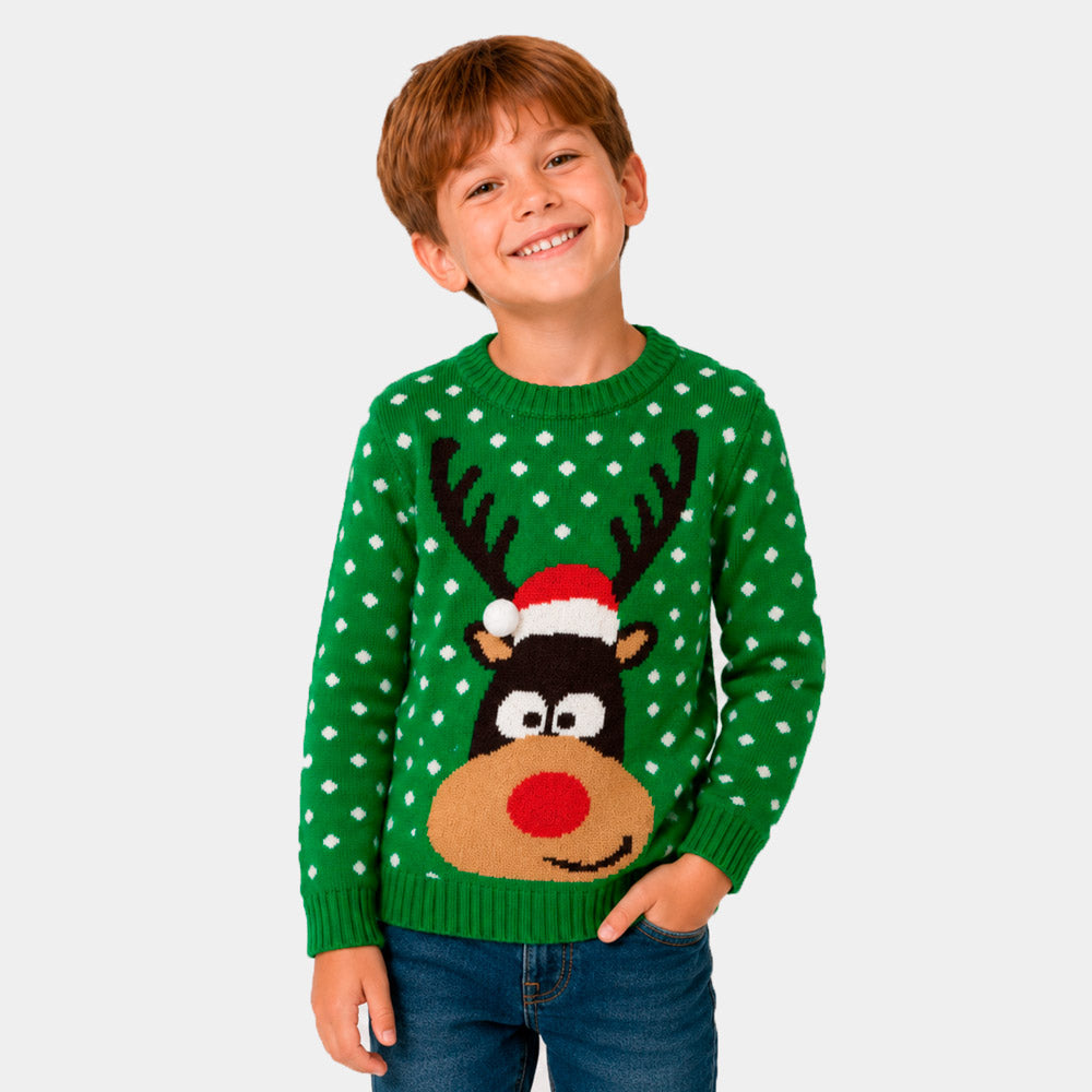 Maglione Natalizio Bambino Verde Renna con Cappello in 3D
