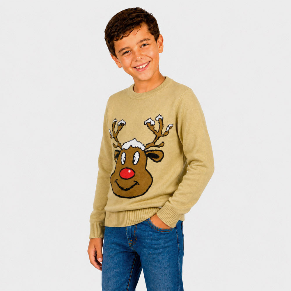 Maglione Natalizio Beige con Renna Sorridente Bambino