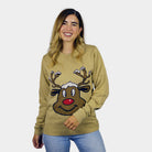Maglione Natalizio Beige con Renna Sorridente Donna
