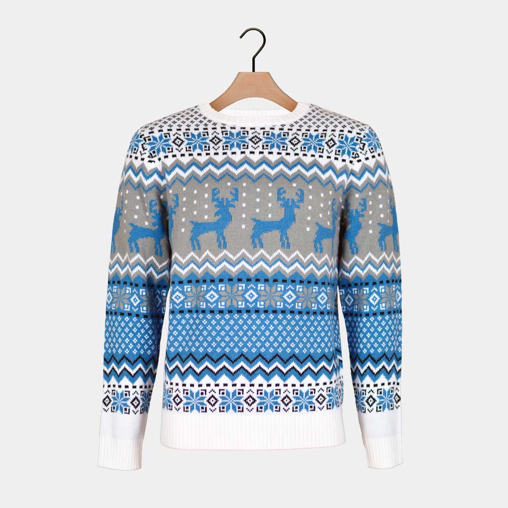Maglione Natalizio Bianco, Grigio e Blu con Renne Elegante