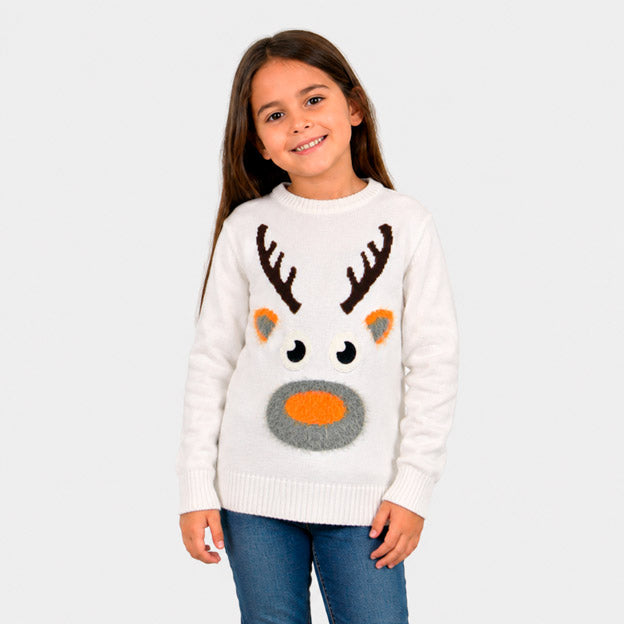 Maglione Natalizio Bianco con Renna 3D Bambina