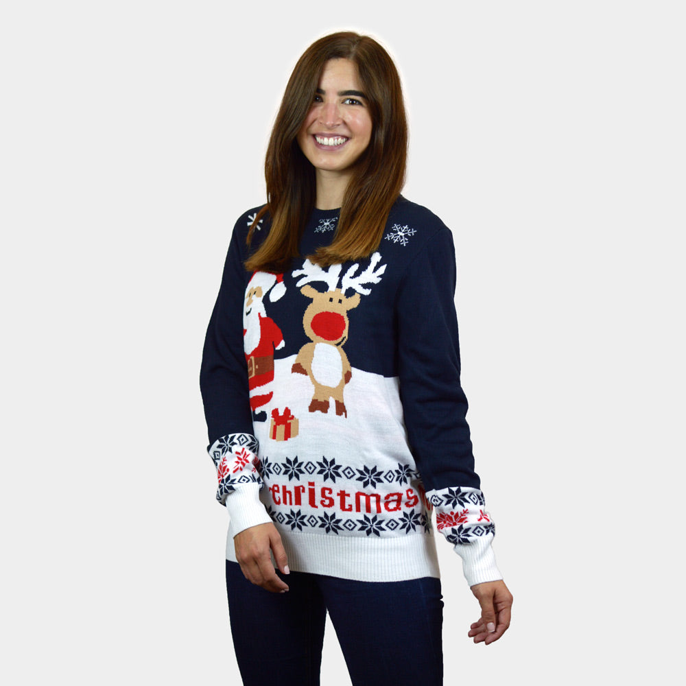 Maglione Natalizio Donna Blu Babbo Natale e Renna Rudolph