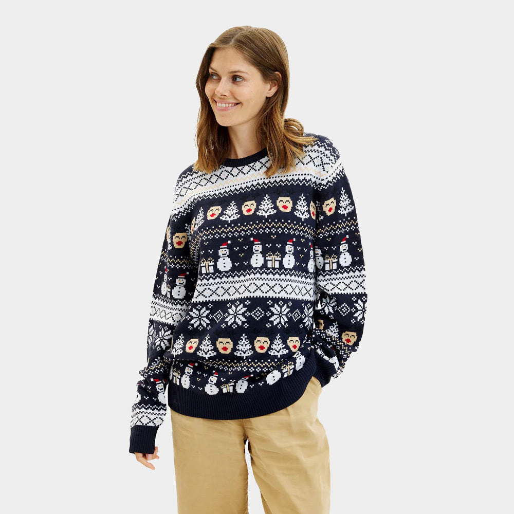 Maglione Natalizio Donna Blu Pupazzi di Neve e Motivi Natalizi