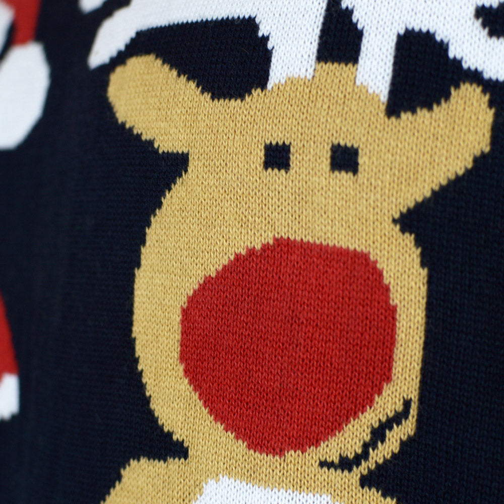 Maglione Natalizio Blu Famiglia con Babbo Natale e Renna Rudolph