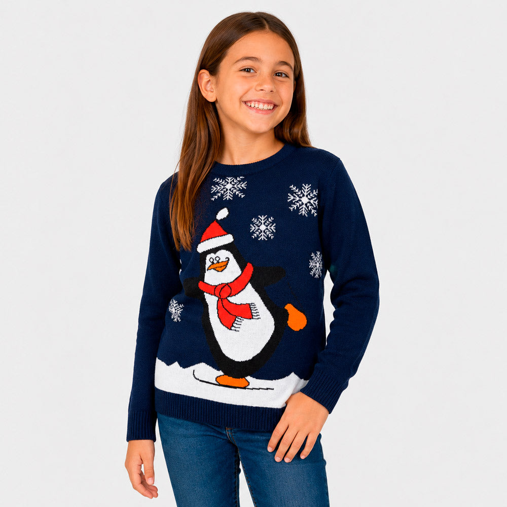 Maglione Natalizio Blu Navy con Pinguino Bambina