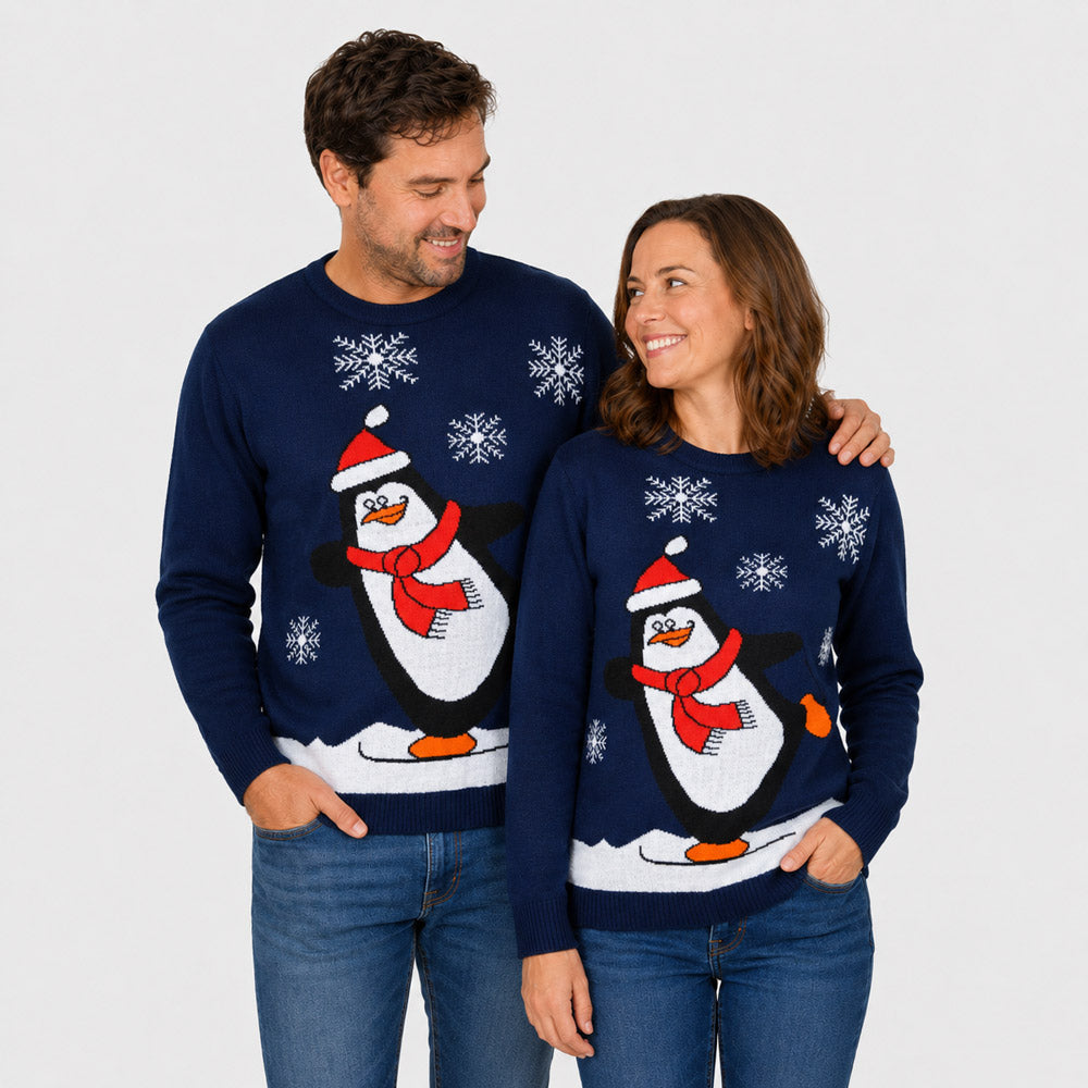 Maglione Natalizio Blu Navy con Pinguino Coppia