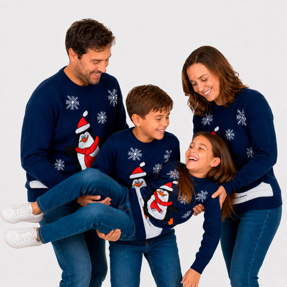 Maglione Natalizio Blu Navy con Pinguino Famiglia
