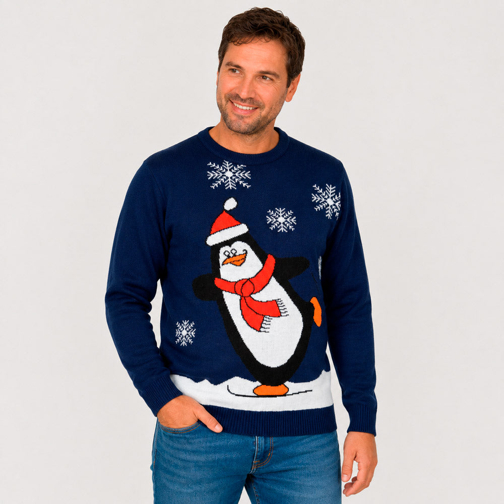 Maglione Natalizio Blu Navy con Pinguino Uomo