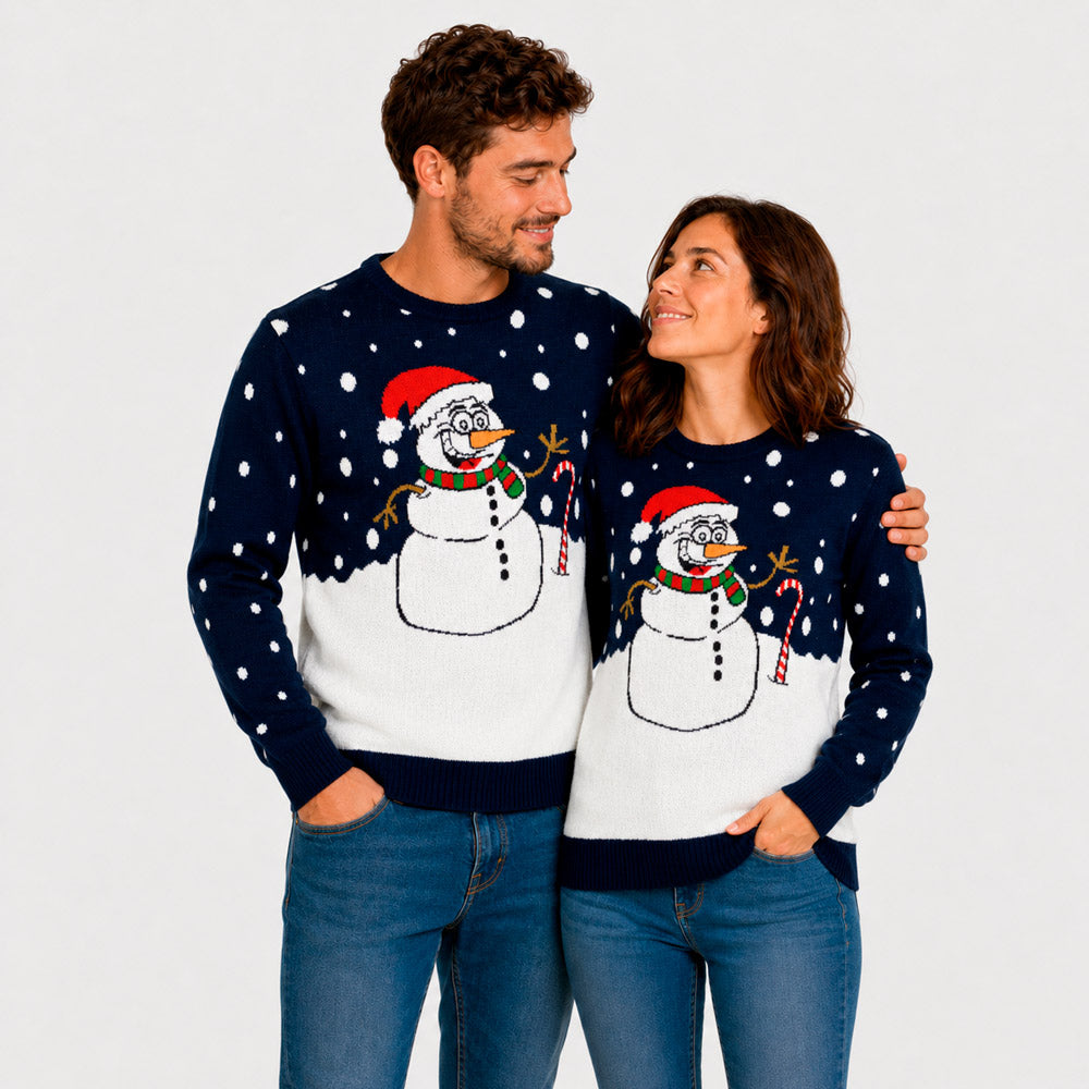 Maglione Natalizio Blu Navy con Pupazzo di Neve Coppia

