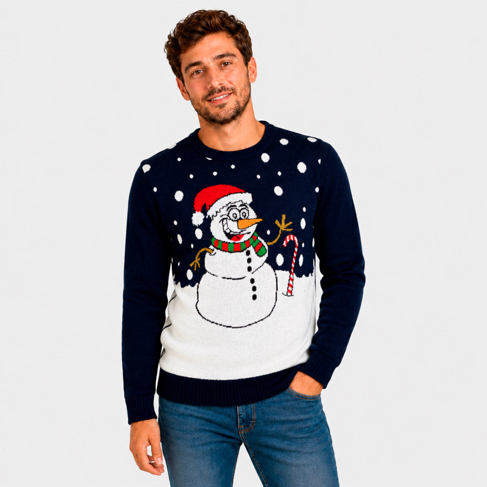 Maglione Natalizio Blu Navy con Pupazzo di Neve Uomo
