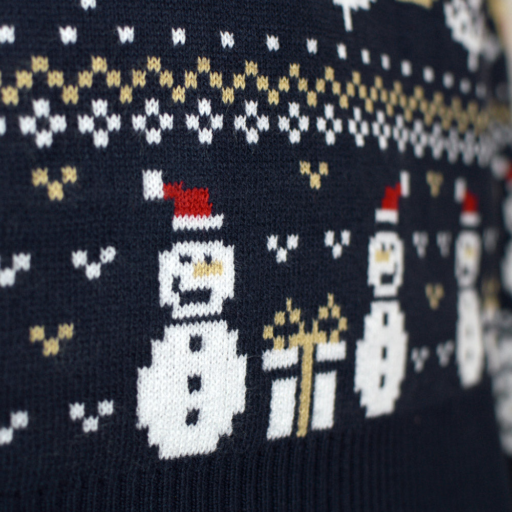 Maglione Natalizio Coppia con Pupazzi di Neve e Motivi Natalizi Blu 
