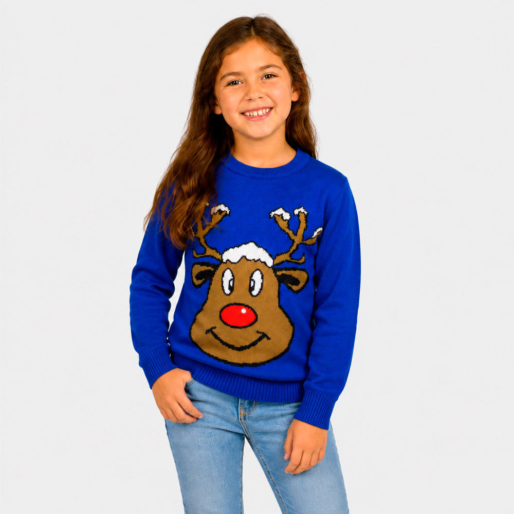 Maglione Natalizio Blu con Renna Sorridente Bambina
