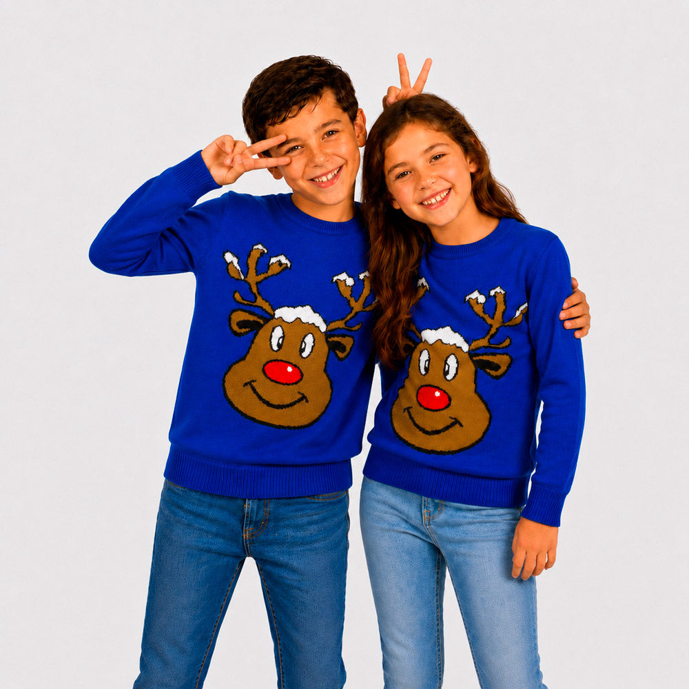 Maglione Natalizio Blu con Renna Sorridente Bambini