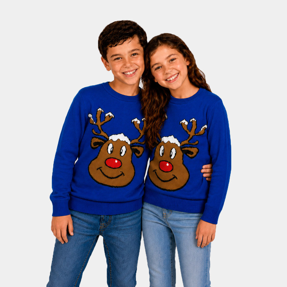 Maglione Natalizio Blu con Renna Sorridente Bambini