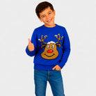 Maglione Natalizio Blu con Renna Sorridente Bambino
