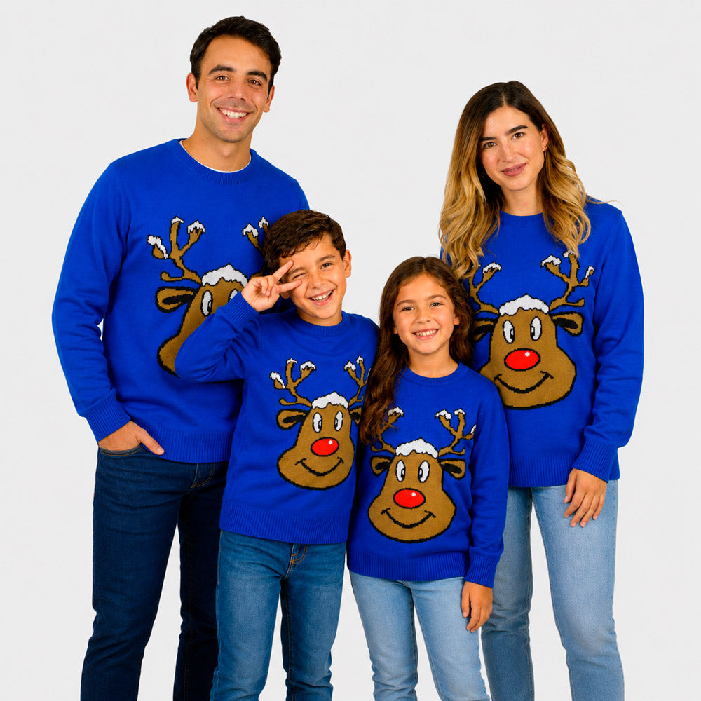 Maglione Natalizio Blu con Renna Sorridente Famiglia

