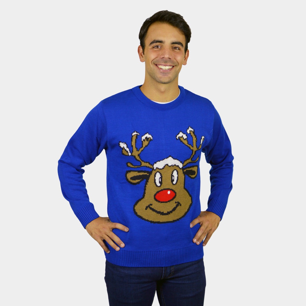 Maglione Natalizio Blu con Renna Sorridente Uomo
