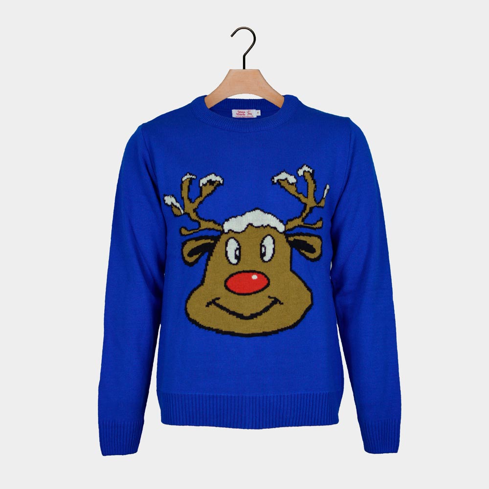 Maglione Natalizio Blu con Renna Sorridente

