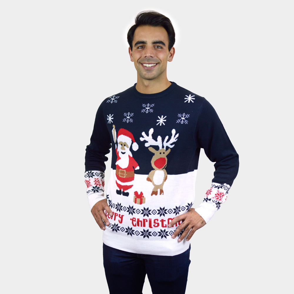 Maglione Natalizio Uomo Blu con Babbo Natale e Renna Rudolph