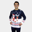 Maglione Natalizio Uomo Blu con Babbo Natale e Renna Rudolph