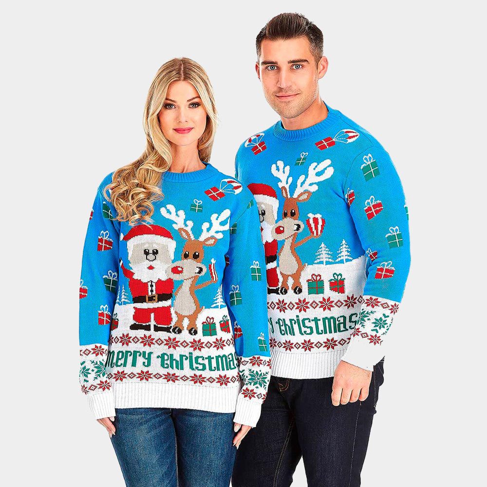 Maglione Natalizio Coppia Azzurro con Renna e Babbo Natale
