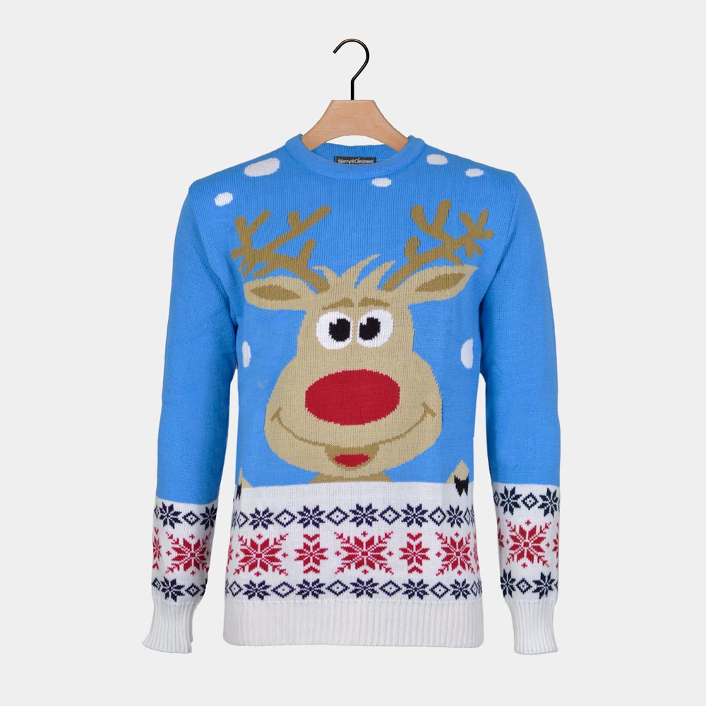 Maglione Natalizio coppia Azzurro con Renna e Neve

