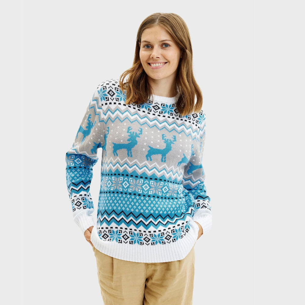 Maglione Natalizio Donna Coppia Bianco, Grigio e Blu con Renne Elegante