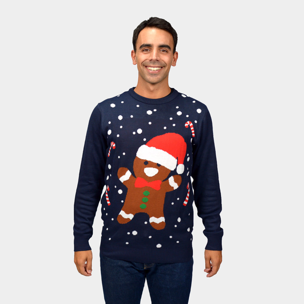 Maglione Natalizio di Coppia Blu Gingerbread Uomo