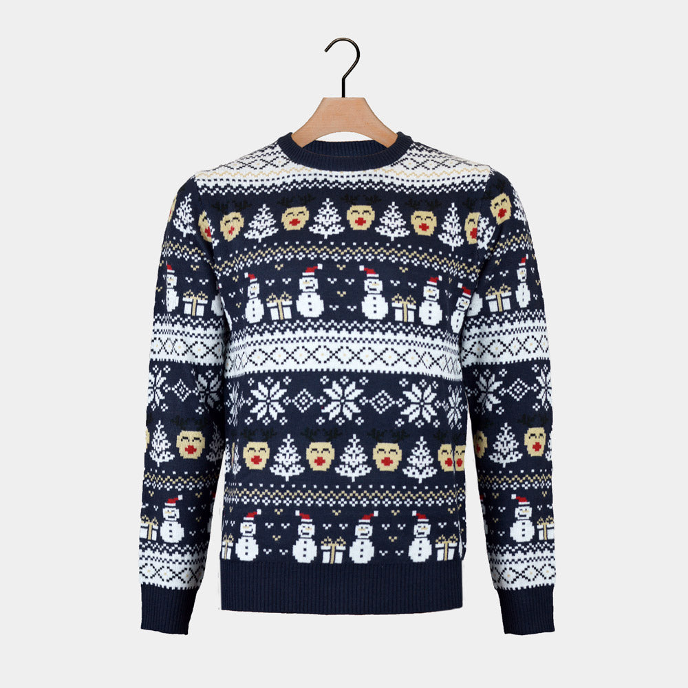 Maglione Natalizio Coppia Blu con Pupazzi e Motivi Natalizi di Neve 
