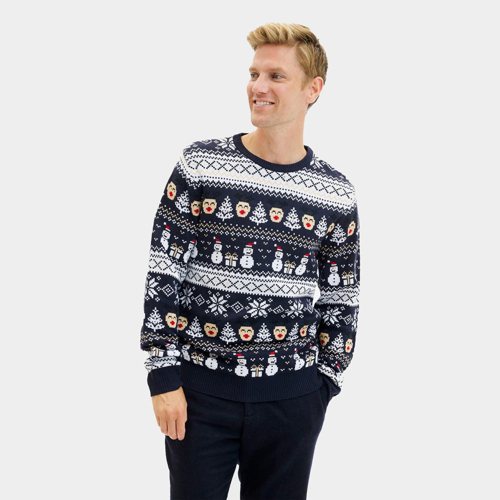 Maglione Natalizio Coppia Blu Uomo  Pupazzi di Neve e Motivi Natalizi