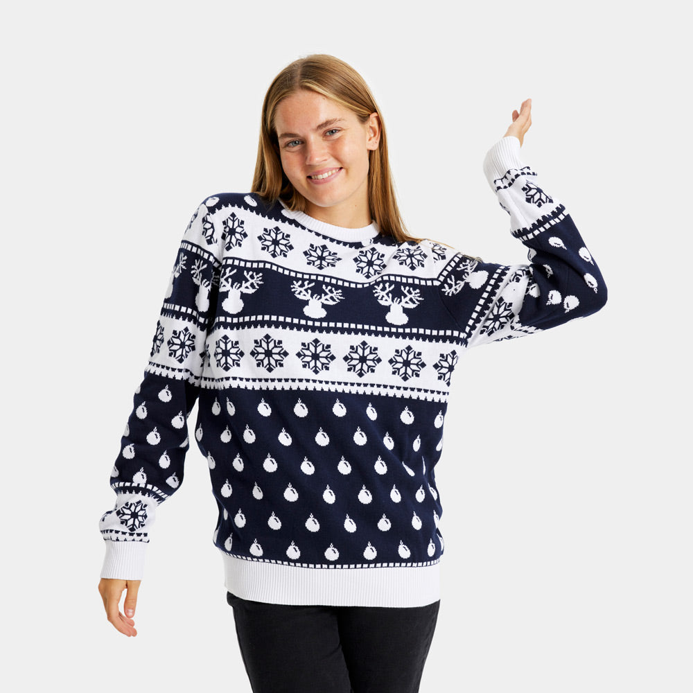 Maglione Natalizio Coppia Blu con Renne e Neve Donna