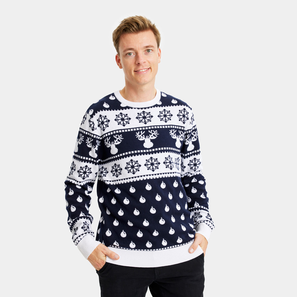 Maglione Natalizio Coppia Blu con Renne e Neve Uomo