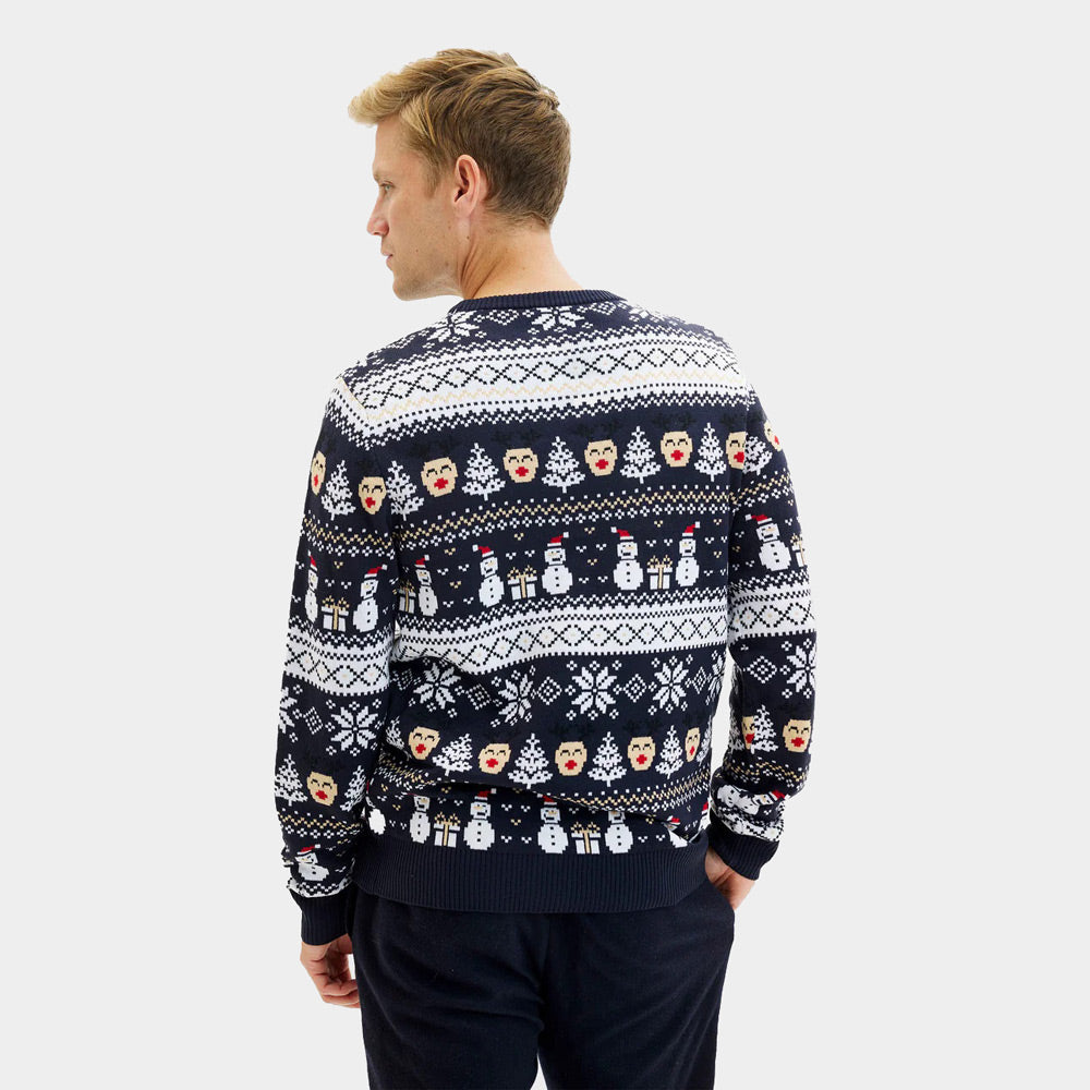 Maglione Natalizio di Coppia Blu Uomo Pupazzi di Neve e Motivi Natalizi