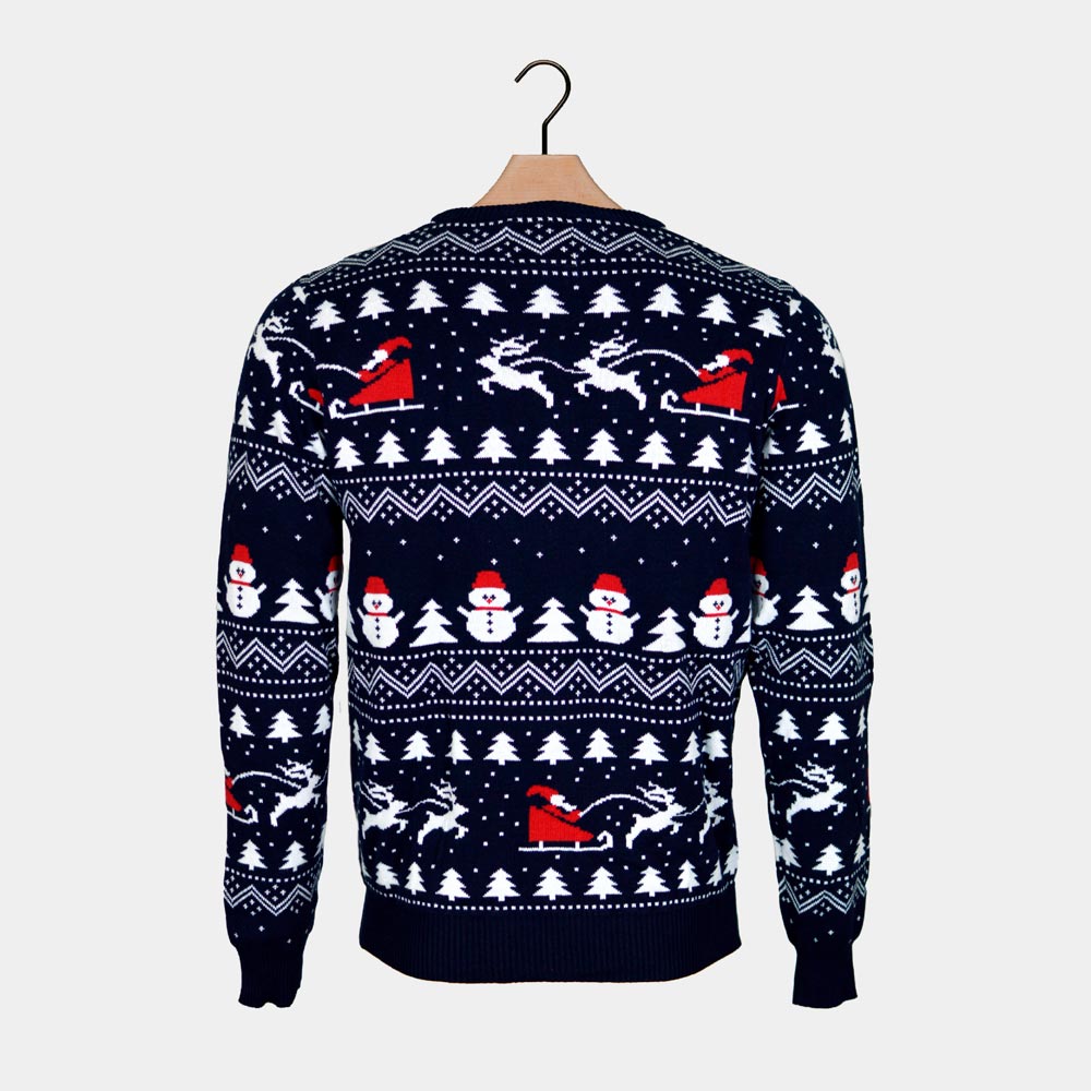 Maglione Natalizio di Coppia Cotone Biologico Alberi Pupazzi di Neve Babbo Natale Blu 
