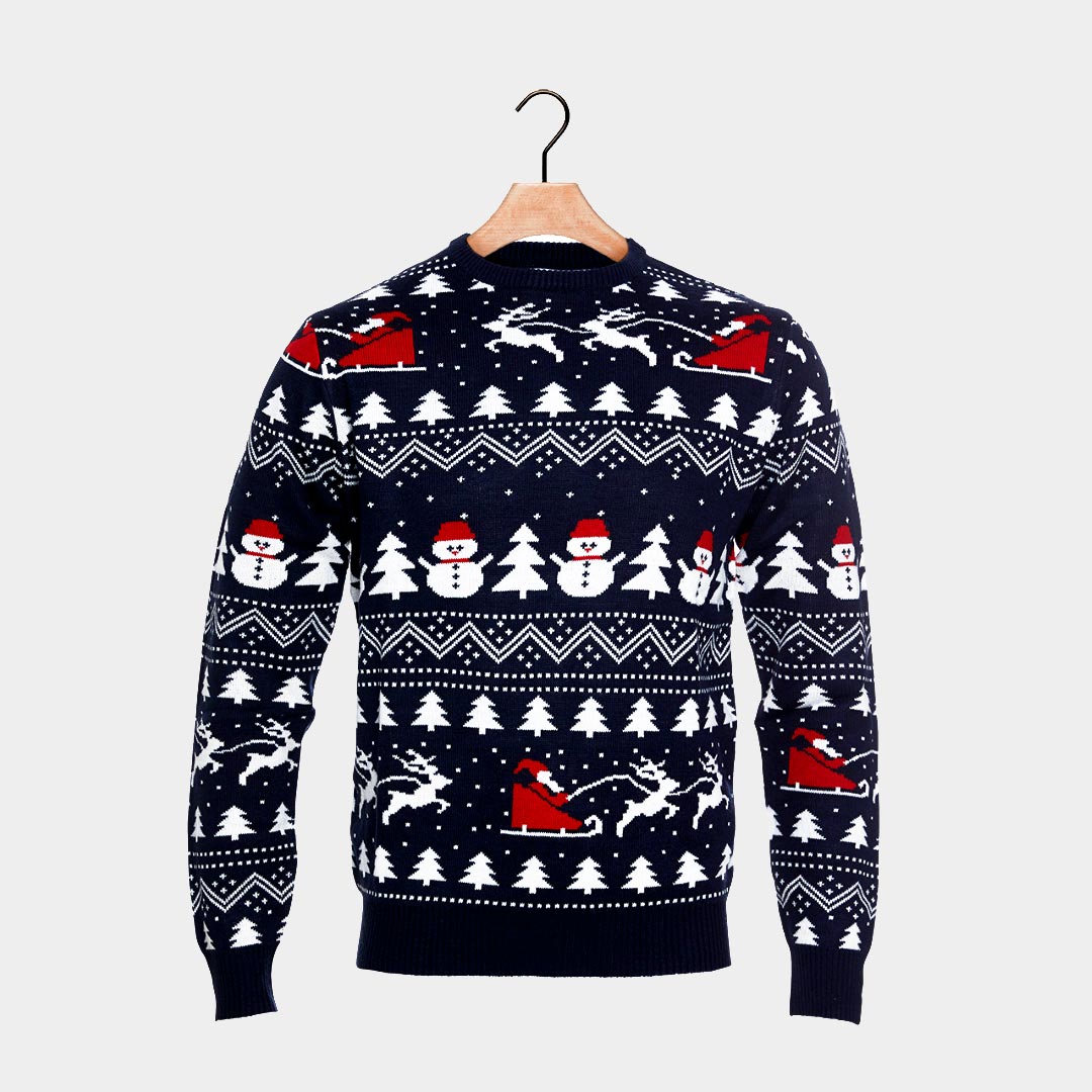 Maglione Natalizio di Coppia Cotone Biologico Babbo Natale Blu Alberi Pupazzi di Neve 
