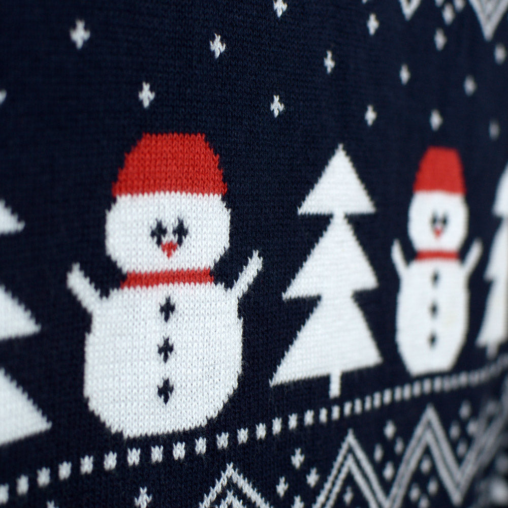 Maglione Natalizio di Coppia Cotone Biologico Blu Alberi Pupazzi Neve Babbo Natale