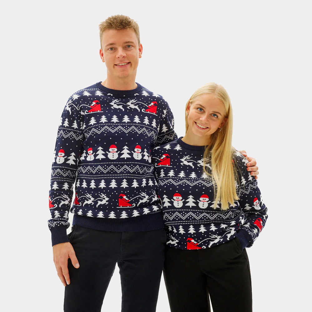Maglione Natalizio di Coppia Cotone Biologico Blu Alberi Pupazzi di Neve Babbo Natale