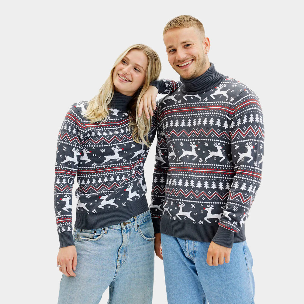 Maglione Natalizio di Coppia in Cotone Biologico a Collo Alto Grigio con Renne