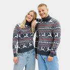 Maglione Natalizio di Coppia in Cotone Biologico a Collo Alto Grigio con Renne