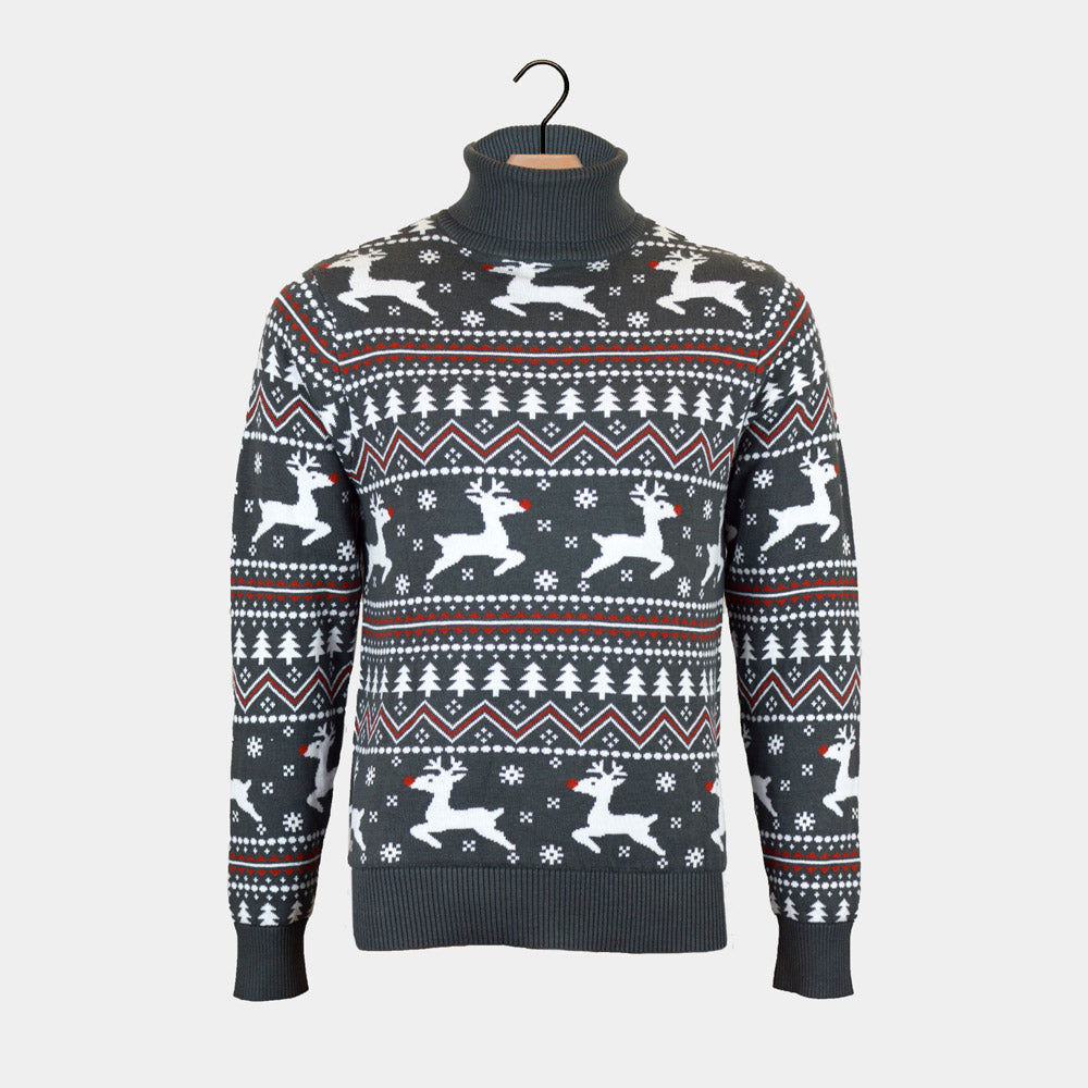 Maglione Natalizio Coppia Cotone Biologico Collo Grigio Renne Alto 